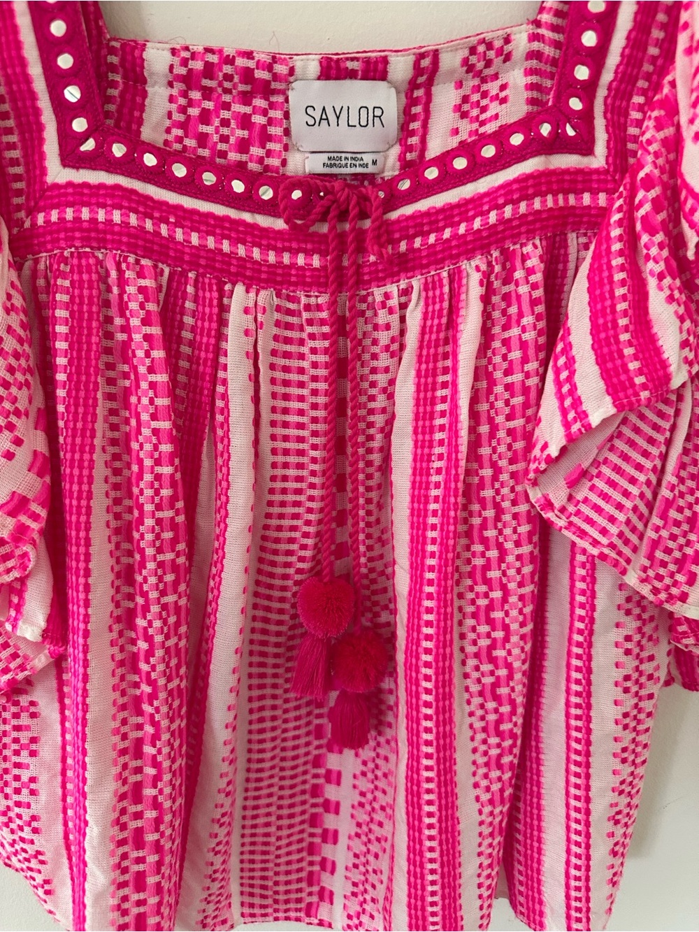 SAYLOR Hot Pink and White Embroidered Ruffle Sleeve tassel Pom Blouse - Picture 3 of 7
